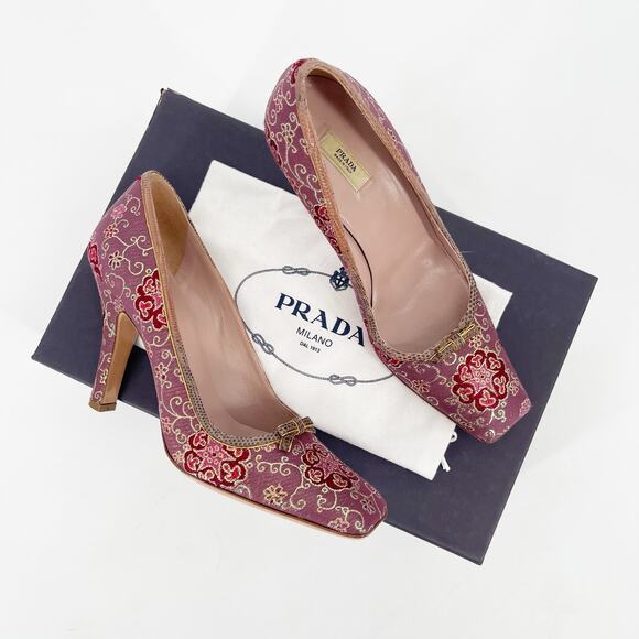Vintage Prada Plum Gold Brocade Snakeskin Trim Bow Square Toe Heels IT 37.5 - Picture 1 of 13